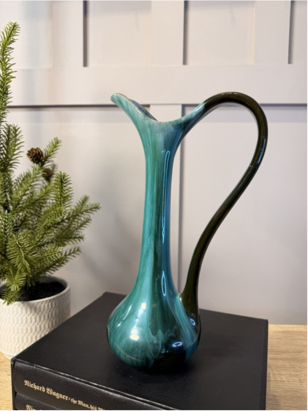 Blue Mountain Pottery Green Drip Glaze Pitcher Vase Ewer 12 inches Tall Damaged